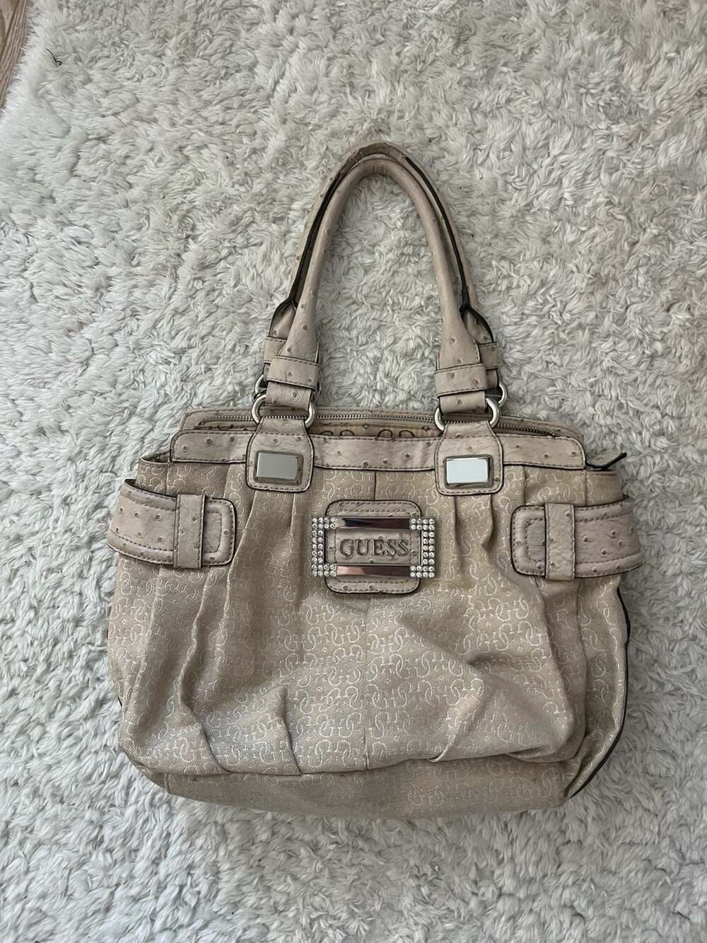 Guess Beige Monogram Ostrich-Embossed Satchel Handbag